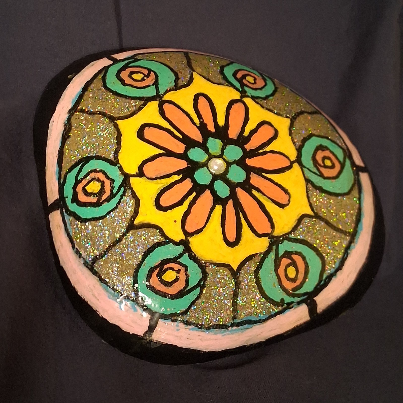 Rose Window — a hand-painted cathedral-glass mandala on a canyon flat stone